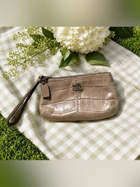 Coach Taupe Croc-Embossed Leather Wristlet